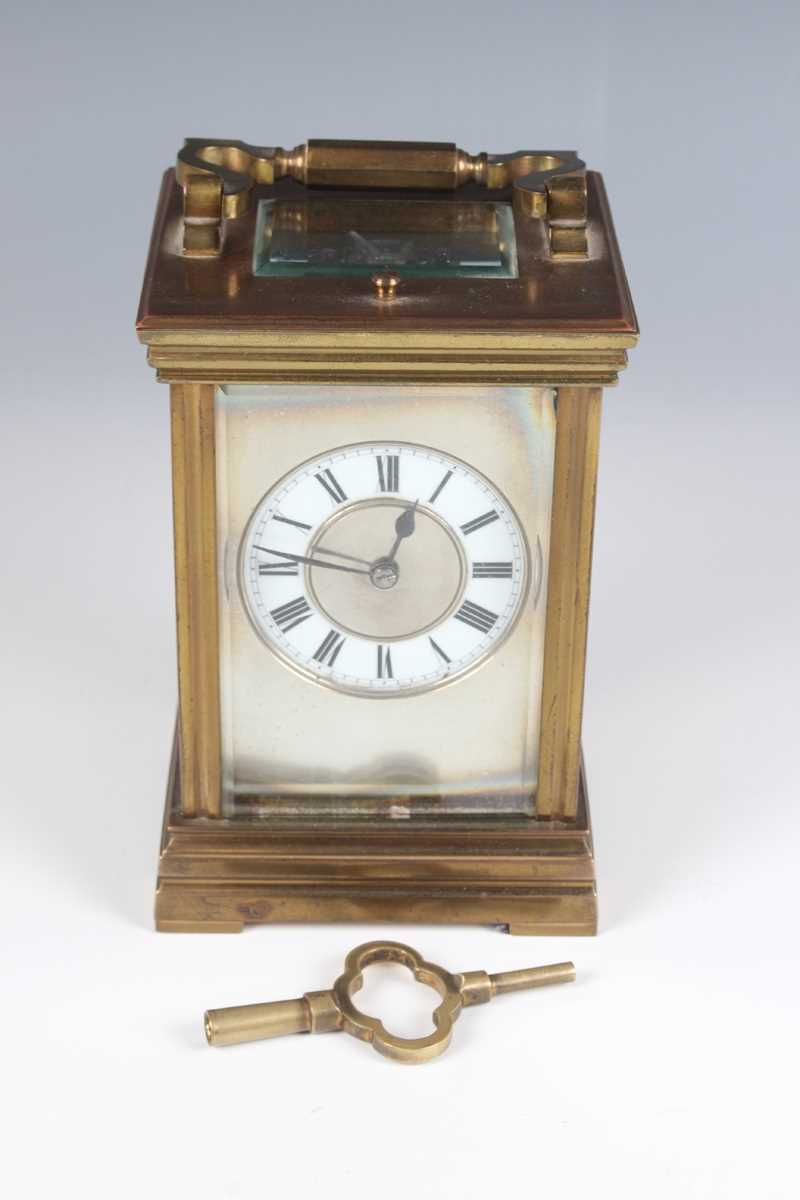 A late 19th century French brass cased carriage clock by Maurice & Co, with eight day movement - Image 10 of 10