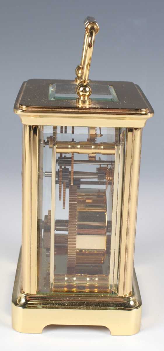 Two late 20th century Halcyon Days lacquered brass and enamel corniche cased carriage timepieces, - Image 14 of 15