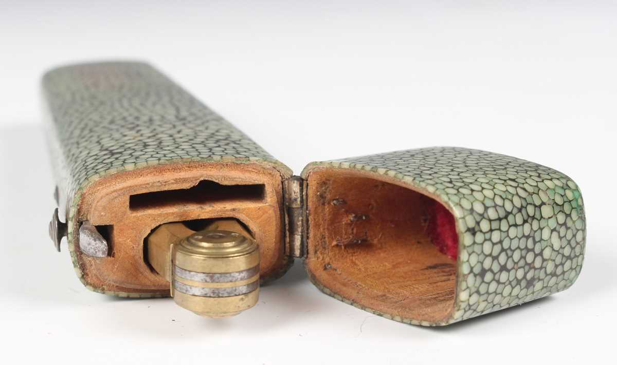 A George III shagreen case of tapering form with hinged lid, the interior fitted with a brass and - Image 7 of 10