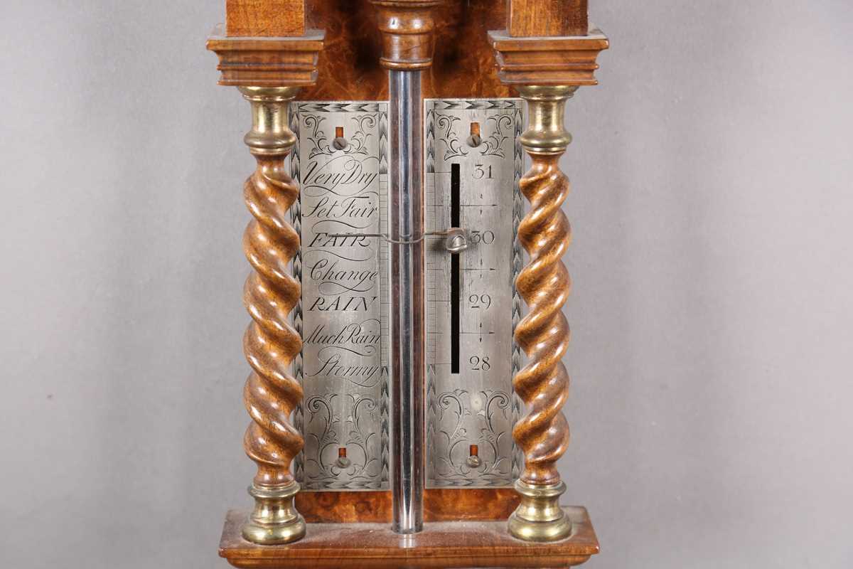 A 20th century Queen Anne style walnut stick barometer with arched surmount, ball finials, barley - Image 2 of 15