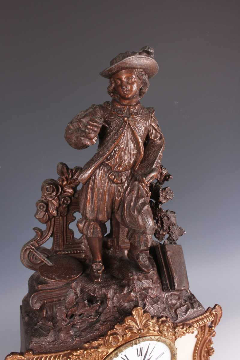 A mid to late 19th century French brown patinated and gilt spelter mantel clock, the eight day - Image 3 of 9