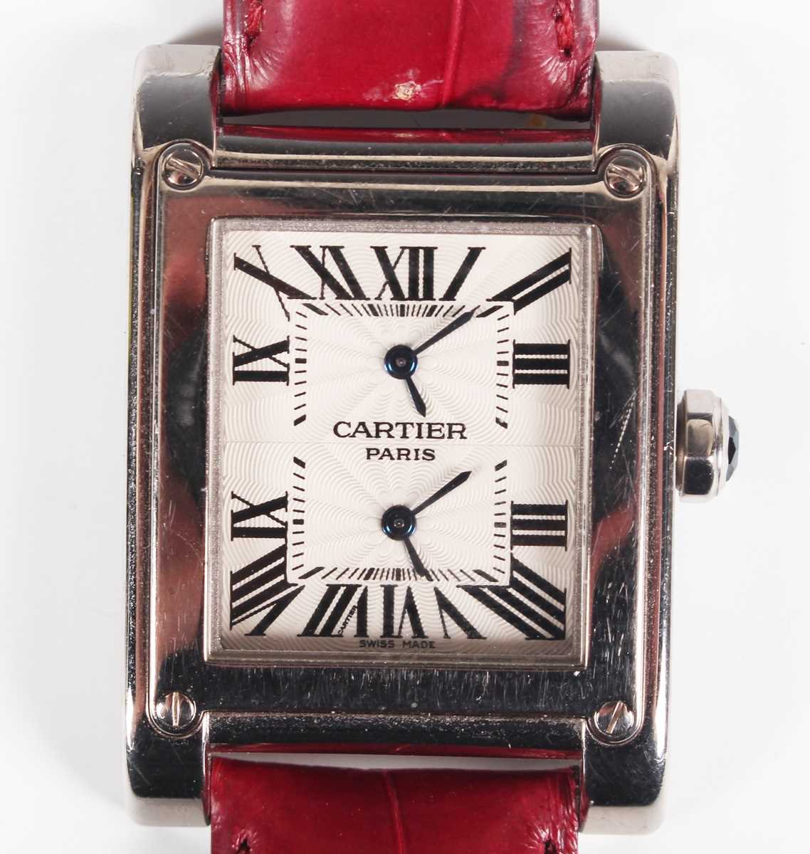 A Cartier Tank A Vis 18ct white gold cased dual time zone gentleman's wristwatch, Ref. 2552, with