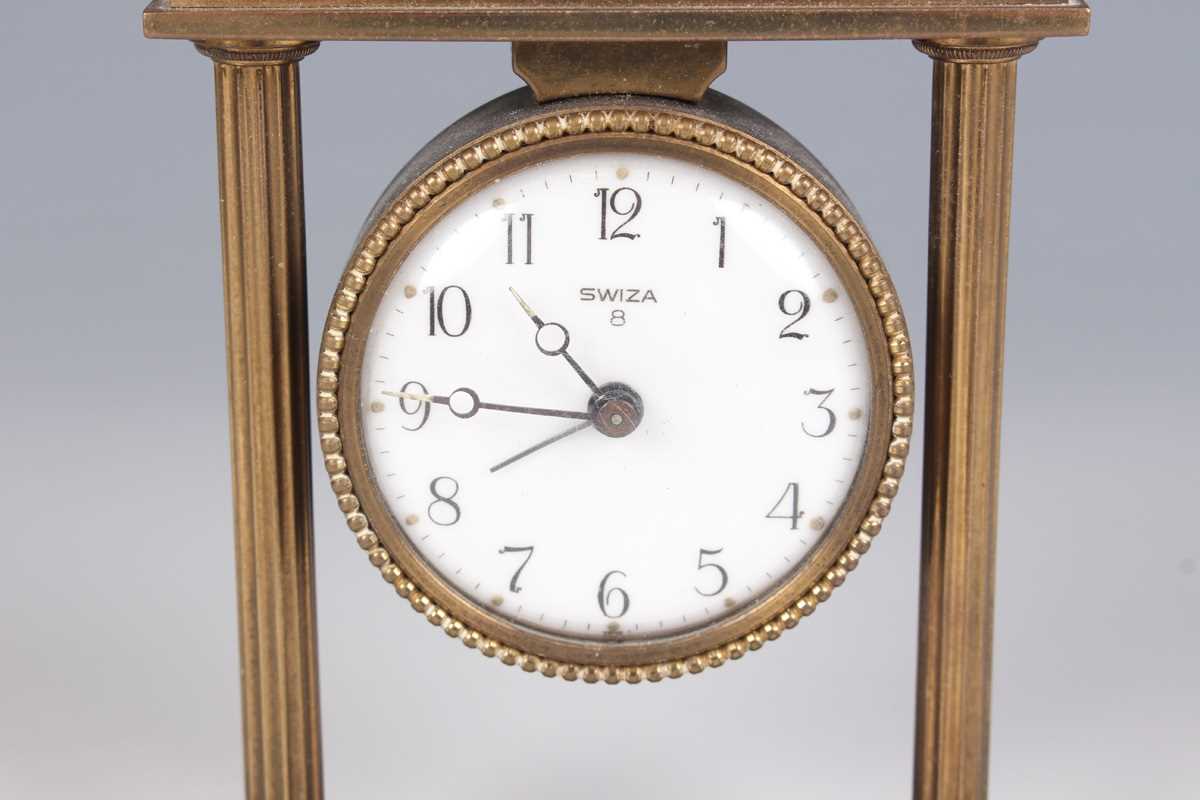 A Swiza gilt brass and red leather cased mantel alarm clock with eight day movement, the case with - Image 16 of 19