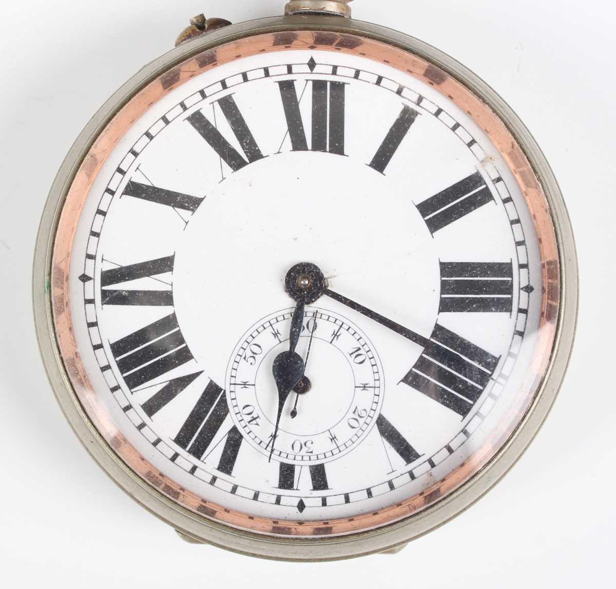 A chrome plated base metal cased keyless wind open faced gentleman's Goliath pocket watch, the white - Image 5 of 18