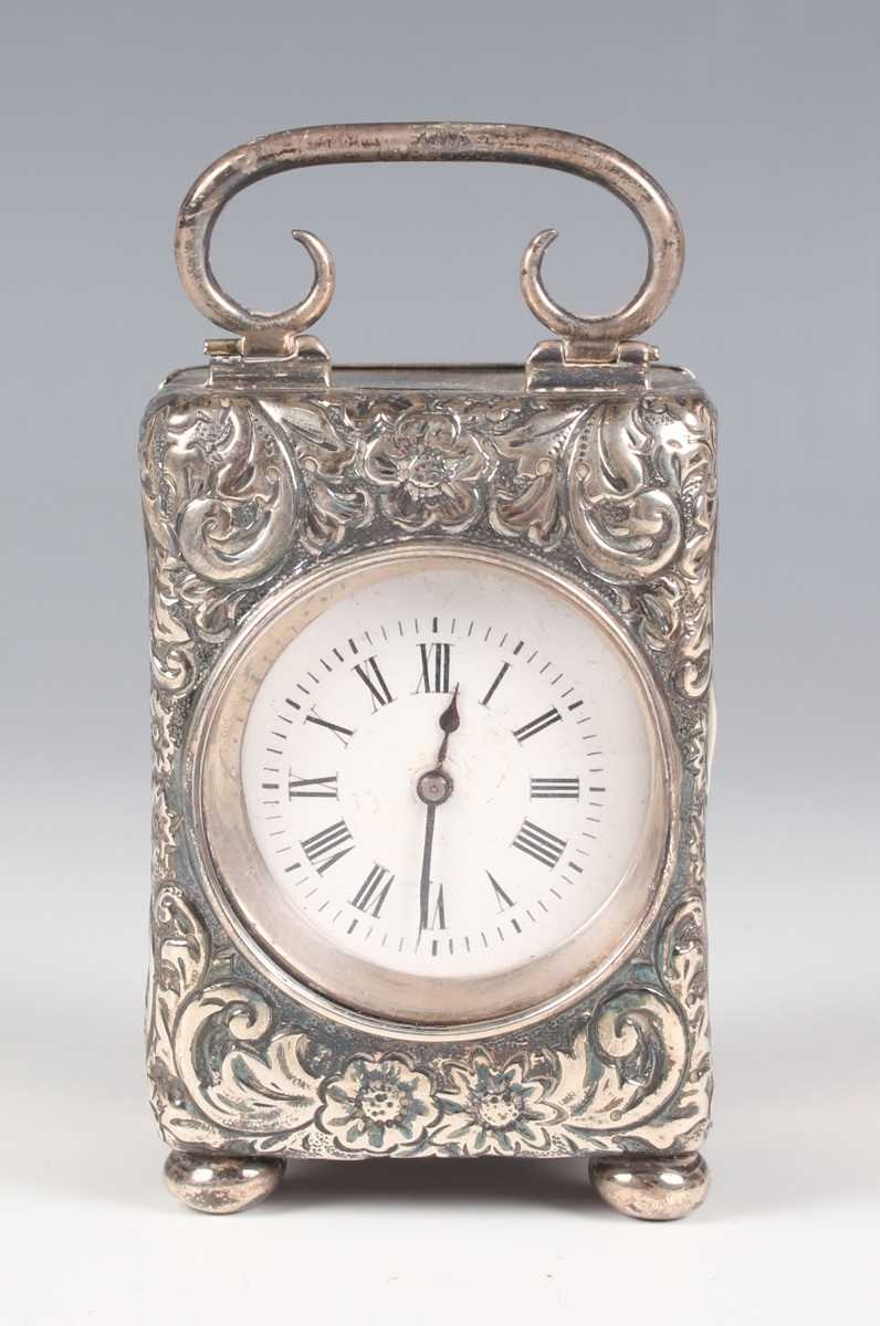 A late Victorian silver cased diminutive carriage timepiece, the unsigned French movement with