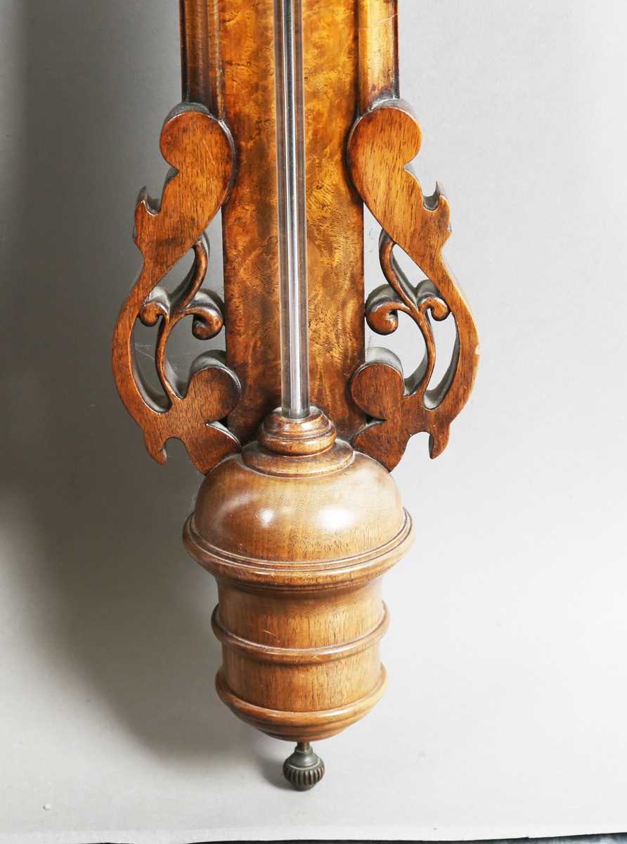 A 20th century Queen Anne style walnut stick barometer with arched surmount, ball finials, barley - Image 4 of 15