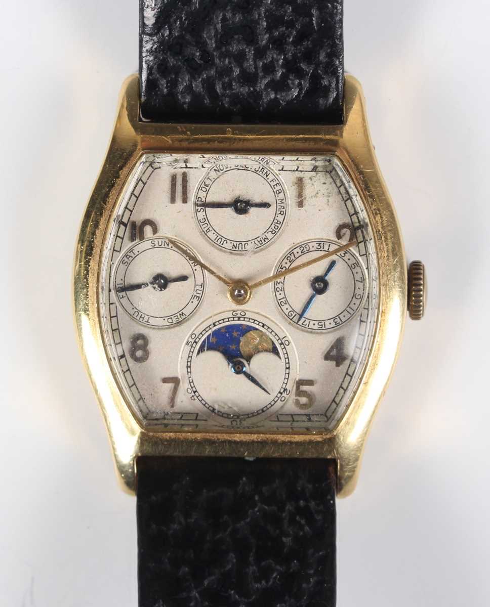 A rare Jaeger-LeCoultre 18ct gold tonneau cased perpetual calendar gentleman's wristwatch with