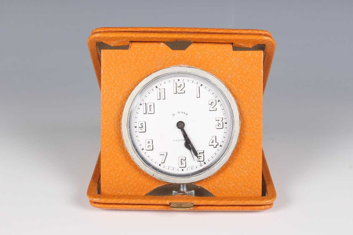 A Jaeger chrome plated and tan suede covered folding bedside travelling alarm clock with two day - Image 8 of 12