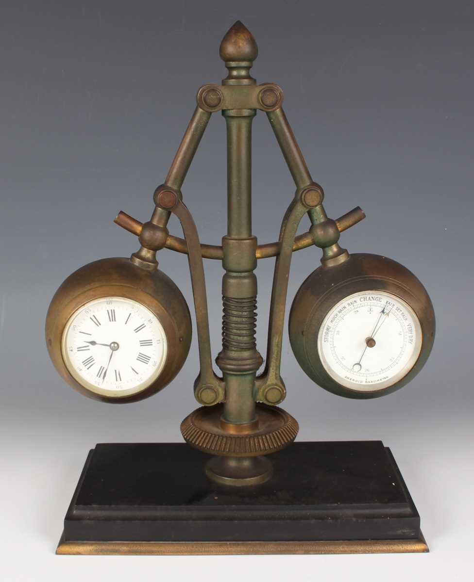 A late 19th century French brass and slate industrial novelty clock and aneroid barometer desk