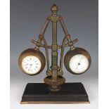 A late 19th century French brass and slate industrial novelty clock and aneroid barometer desk
