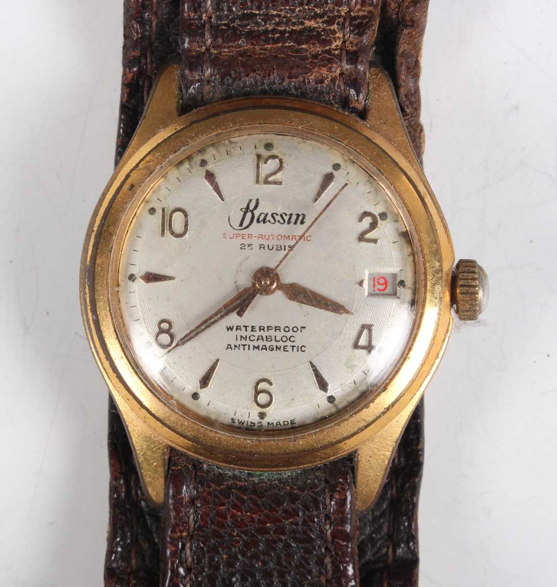 A Bassin Super-Automatic gilt metal fronted and steel backed gentleman's wristwatch, the signed - Bild 2 aus 10