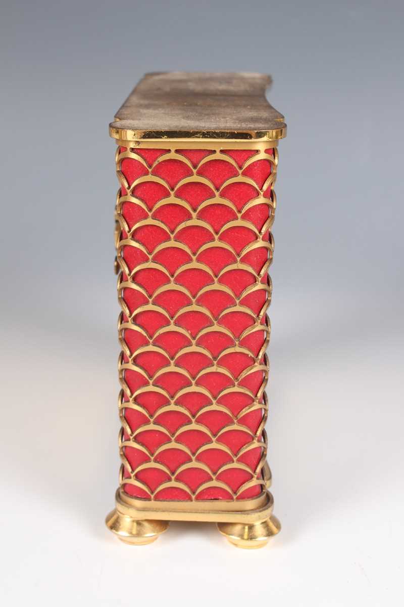 A Swiza gilt brass and red leather cased mantel alarm clock with eight day movement, the case with - Image 5 of 19