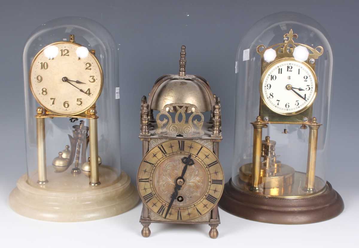 A 20th century brass lantern clock style mantel timepiece, height 24cm, together with a brass