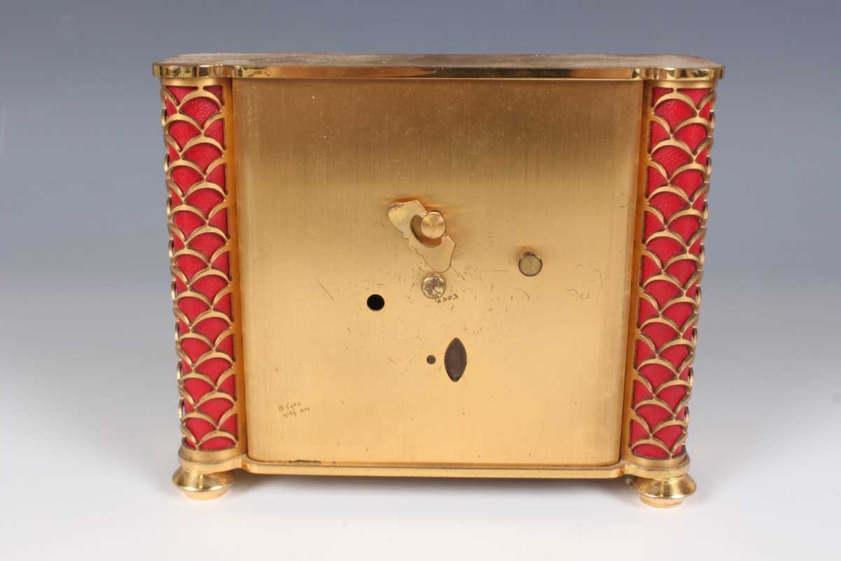 A Swiza gilt brass and red leather cased mantel alarm clock with eight day movement, the case with - Image 3 of 19