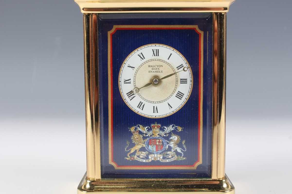 Two late 20th century Halcyon Days lacquered brass and enamel corniche cased carriage timepieces, - Image 10 of 15