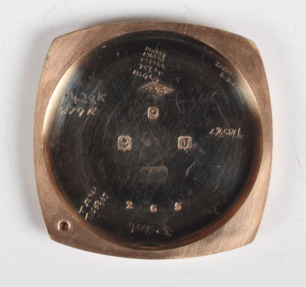 A 9ct gold square cushion cased gentleman's wristwatch with unsigned gilt movement, the enamelled - Image 3 of 6