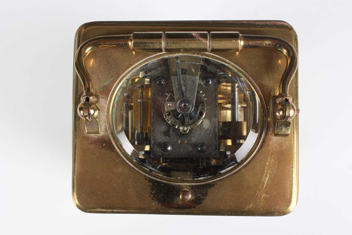 A late 19th century French lacquered brass corniche cased carriage alarm clock by E.G. Lamaille, the - Image 7 of 8