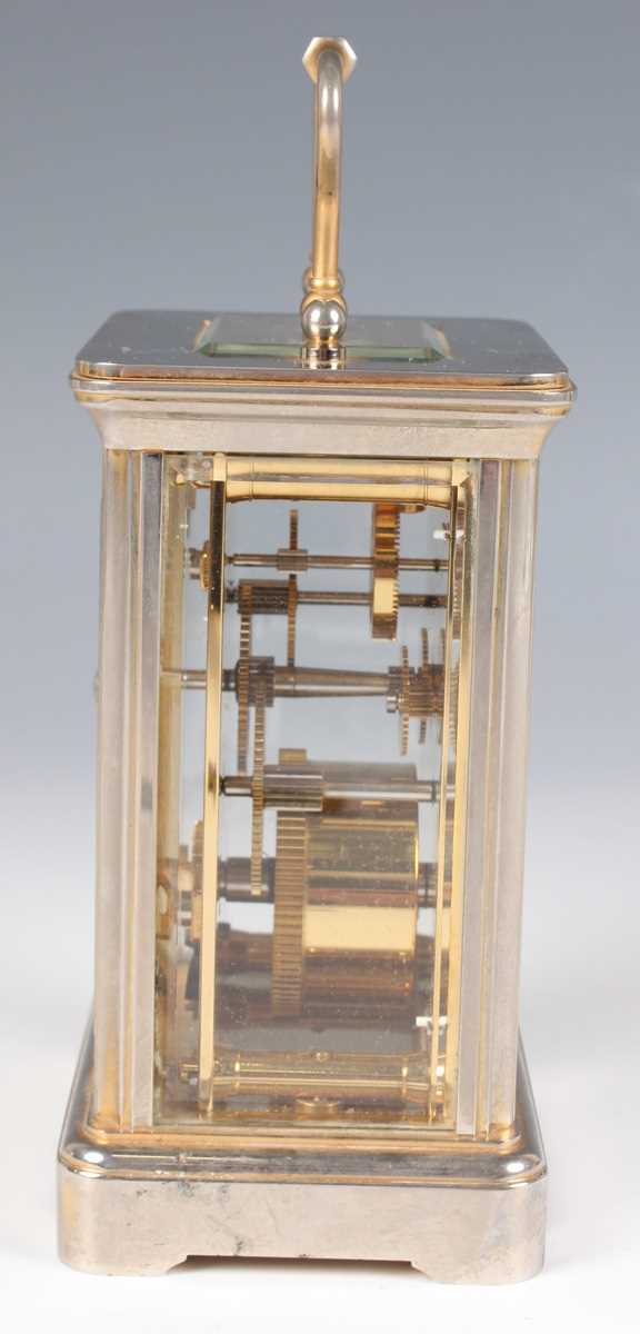 A late 20th century Garrard & Co plated brass corniche cased carriage timepiece, the signed white - Image 7 of 9