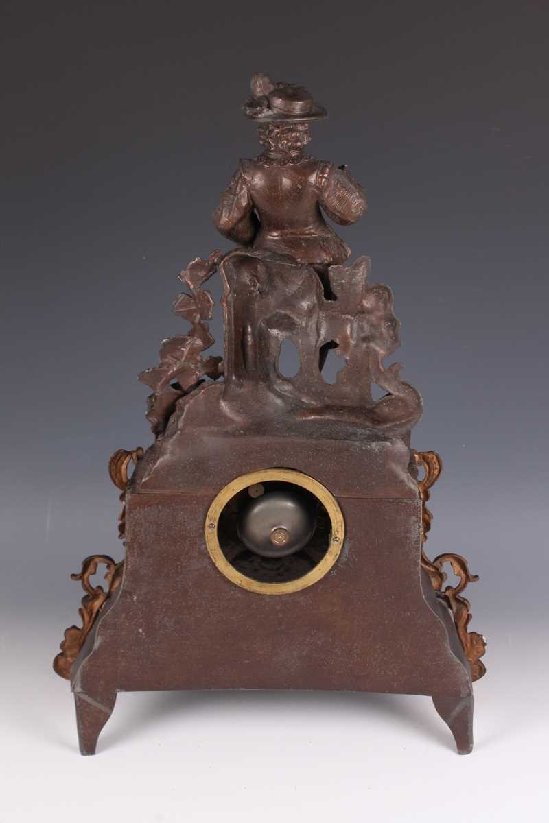 A mid to late 19th century French brown patinated and gilt spelter mantel clock, the eight day - Image 7 of 9