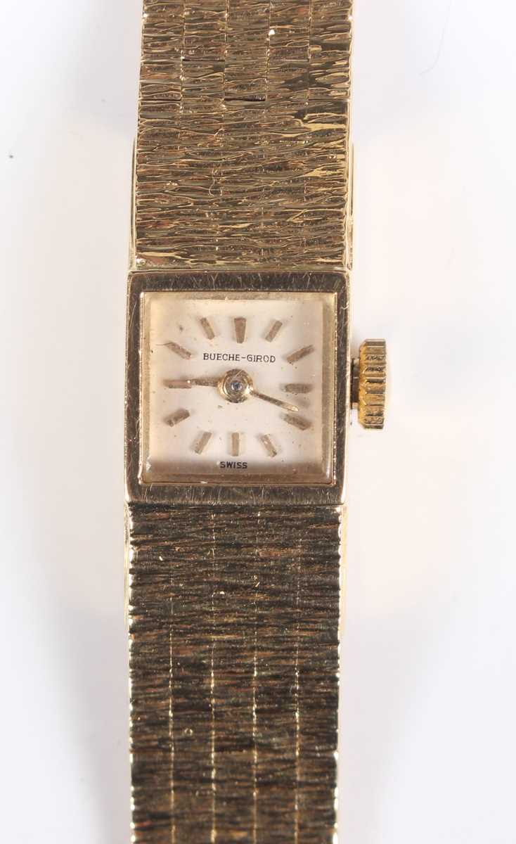 A Bueche-Girod 18ct gold lady’s bracelet wristwatch with signed square silvered dial with baton hour