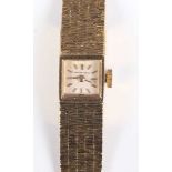 A Bueche-Girod 18ct gold lady’s bracelet wristwatch with signed square silvered dial with baton hour