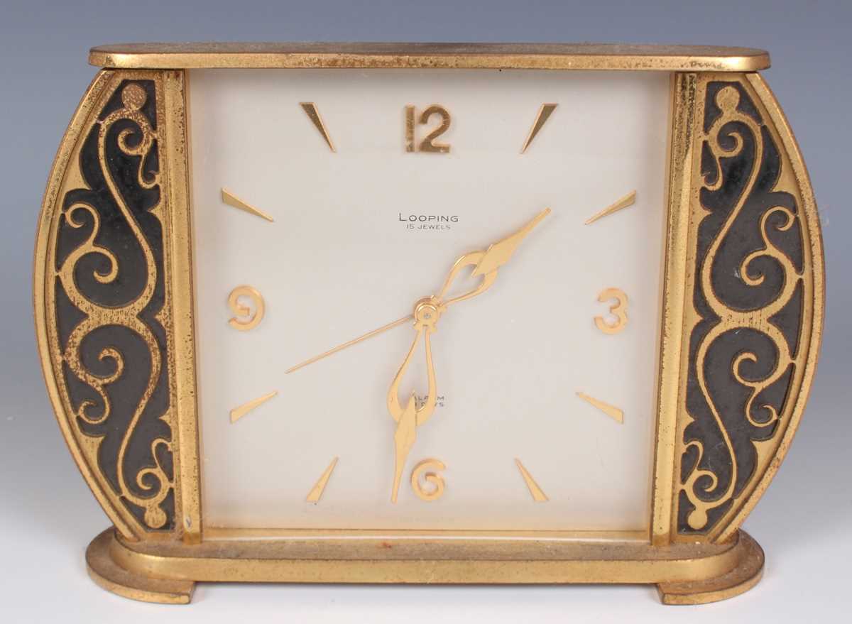 A Swiza gilt brass mantel timepiece with eight day movement, height 13cm, together with a Looping - Image 6 of 14