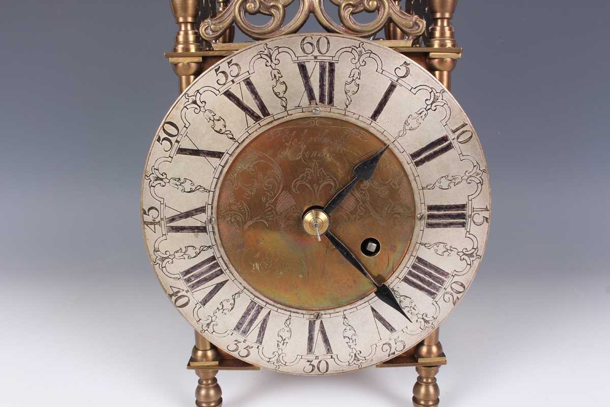 A 20th century brass lantern clock with eight day fusee movement, the silvered chapter ring with - Image 2 of 11