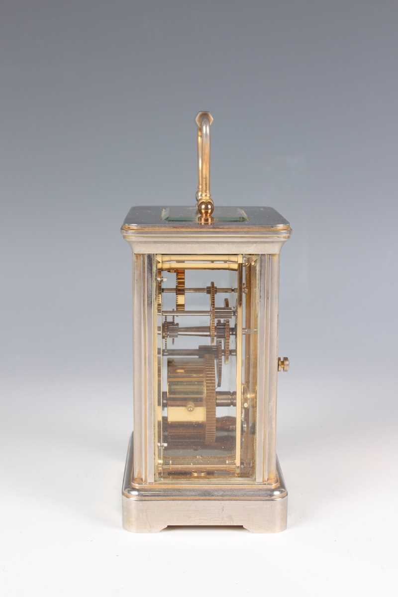 A late 20th century Garrard & Co plated brass corniche cased carriage timepiece, the signed white - Image 5 of 9