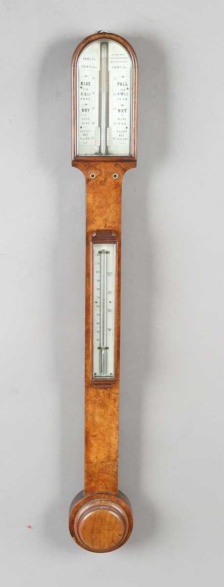 A late Victorian walnut stick barometer, the arched ivorine dial with Vernier scale and inscribed 'A - Image 4 of 4