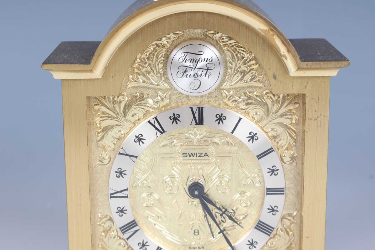 A Swiza gilt brass mantel timepiece with eight day movement, height 13cm, together with a Looping - Image 3 of 14