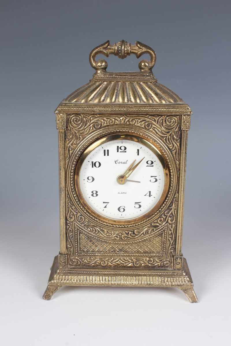 A Swiza gilt brass and red leather cased mantel alarm clock with eight day movement, the case with - Image 11 of 19