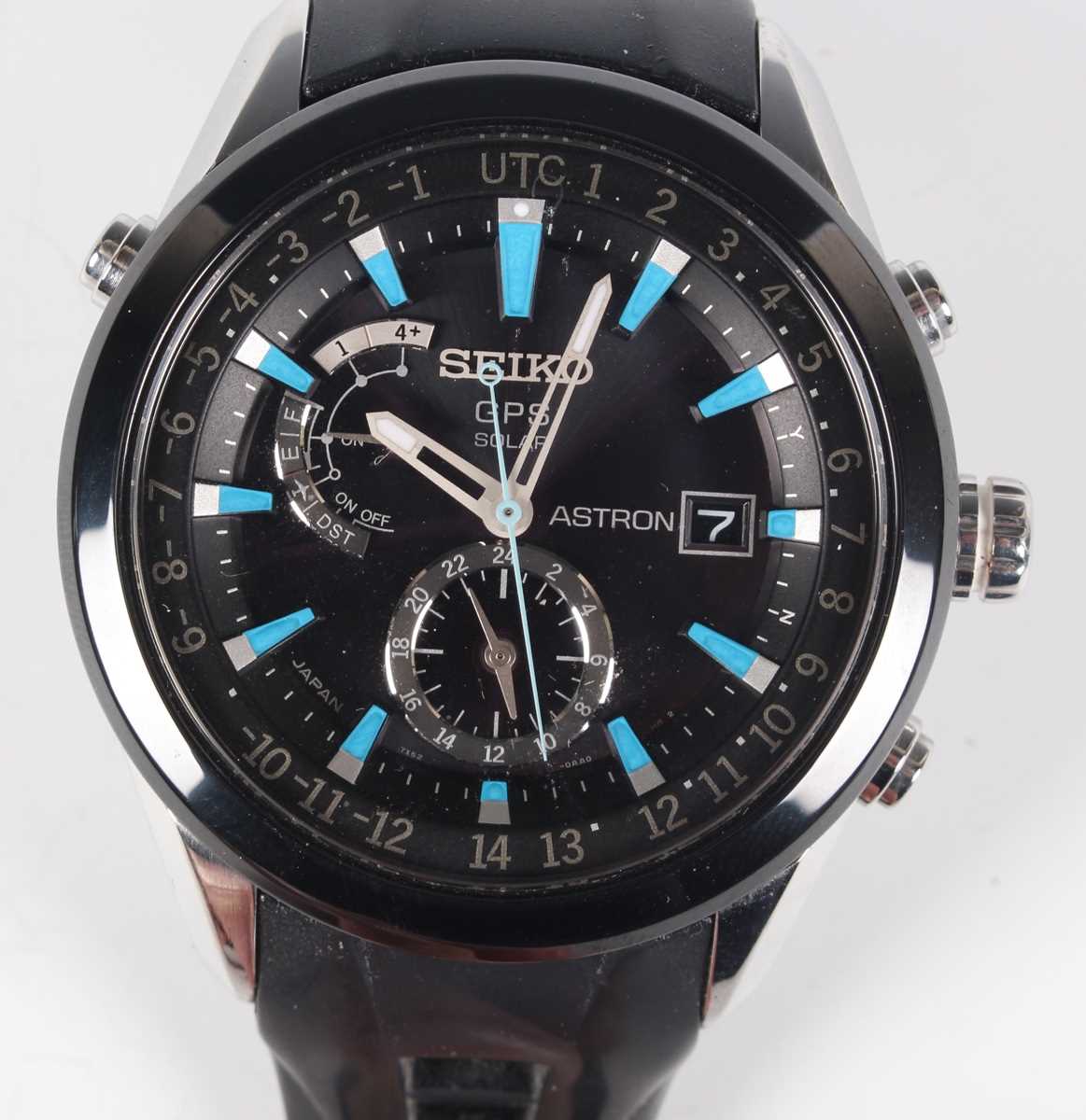 A Seiko GPS Solar Astron black ceramic and stainless steel gentleman's wristwatch, Ref. 7X52-0AB0,