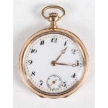 A gold cased keyless wind open-faced lady’s fob watch with gilt jewelled lever movement, the