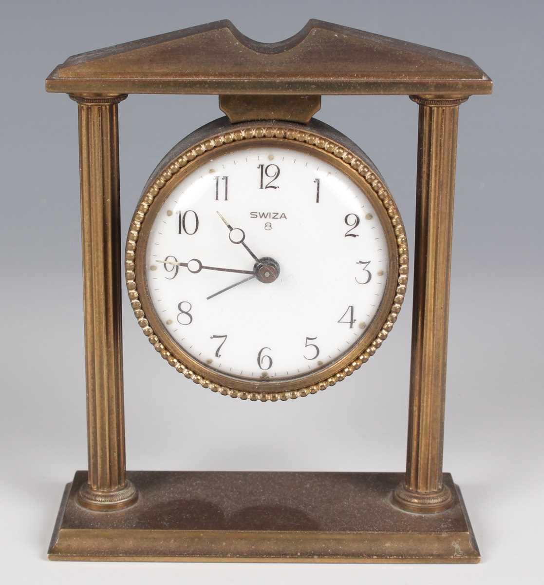 A Swiza gilt brass and red leather cased mantel alarm clock with eight day movement, the case with - Image 15 of 19