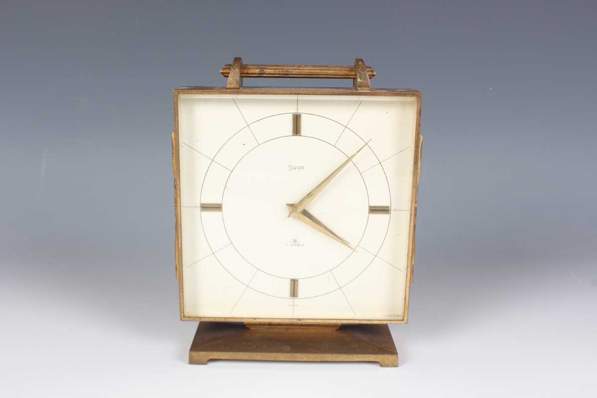 A Swiza gilt brass and red leather cased mantel alarm clock with eight day movement, the case with - Image 6 of 19