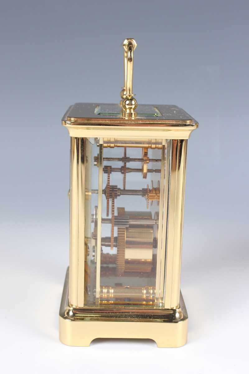 Two late 20th century Halcyon Days lacquered brass and enamel corniche cased carriage timepieces, - Image 7 of 15
