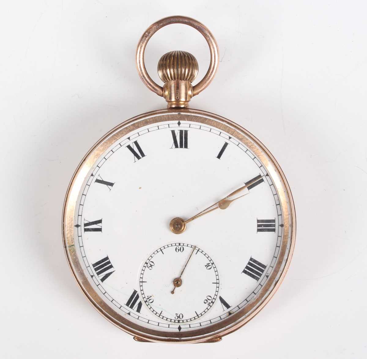 A 9ct gold cased keyless wind open faced gentleman's pocket watch, the white enamelled dial with