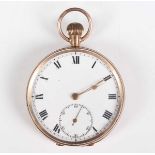 A 9ct gold cased keyless wind open faced gentleman's pocket watch, the white enamelled dial with