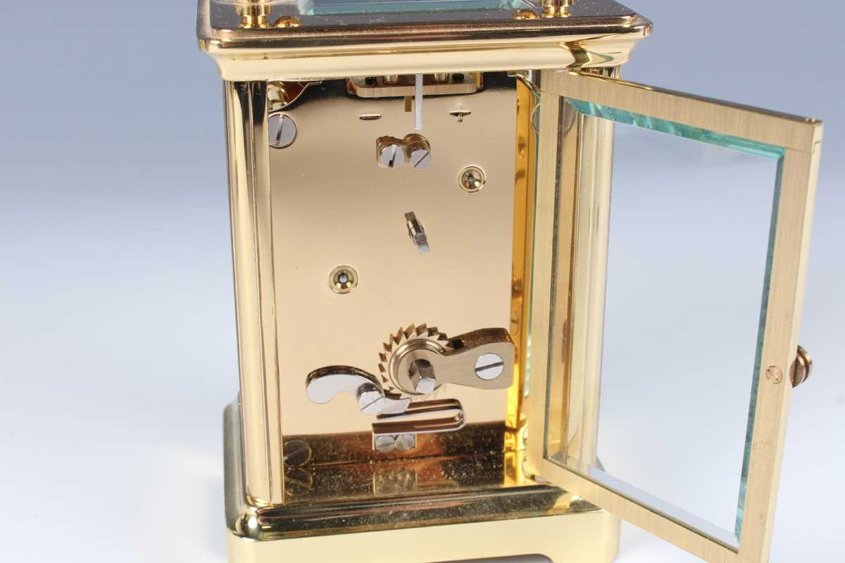 Two late 20th century Halcyon Days lacquered brass and enamel corniche cased carriage timepieces, - Image 11 of 15