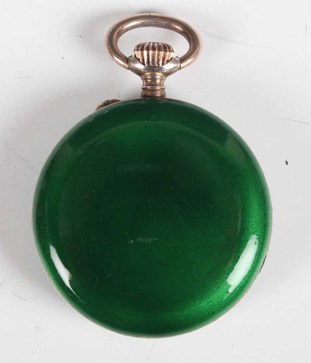 A green enamelled keyless wind open-faced lady’s fob watch with unsigned jewelled cylinder movement, - Image 5 of 26