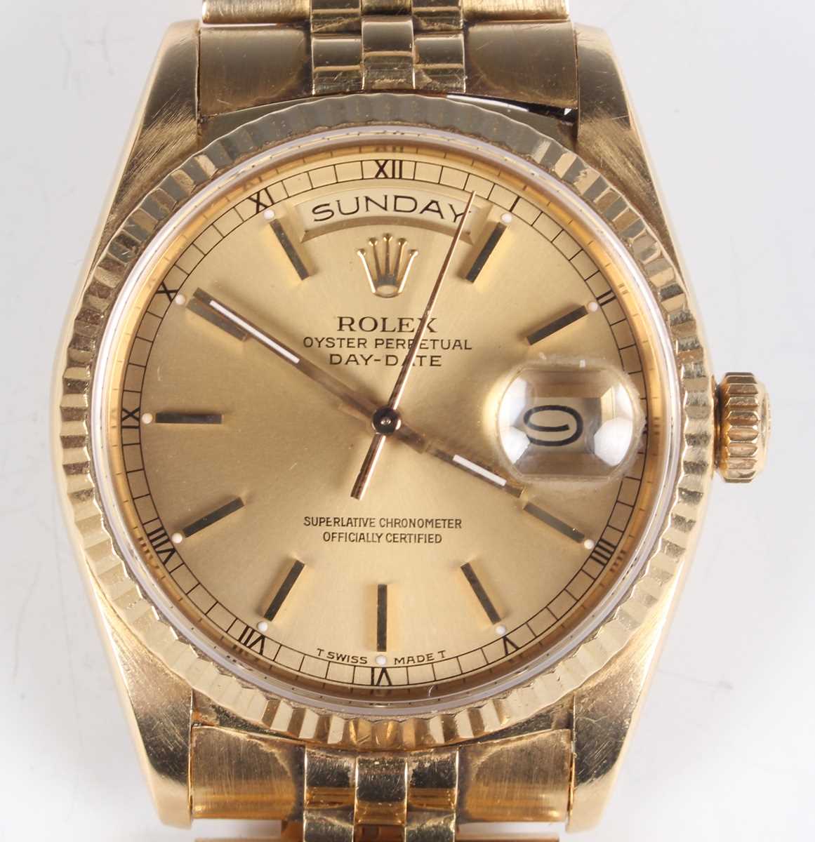 A Rolex Oyster Perpetual Day-Date 18ct gold gentleman's bracelet wristwatch, Ref. 18238, circa 1988,