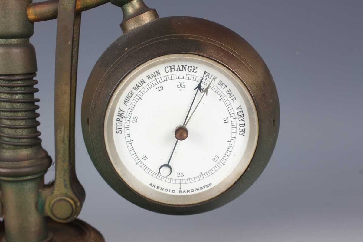 A late 19th century French brass and slate industrial novelty clock and aneroid barometer desk - Image 3 of 8