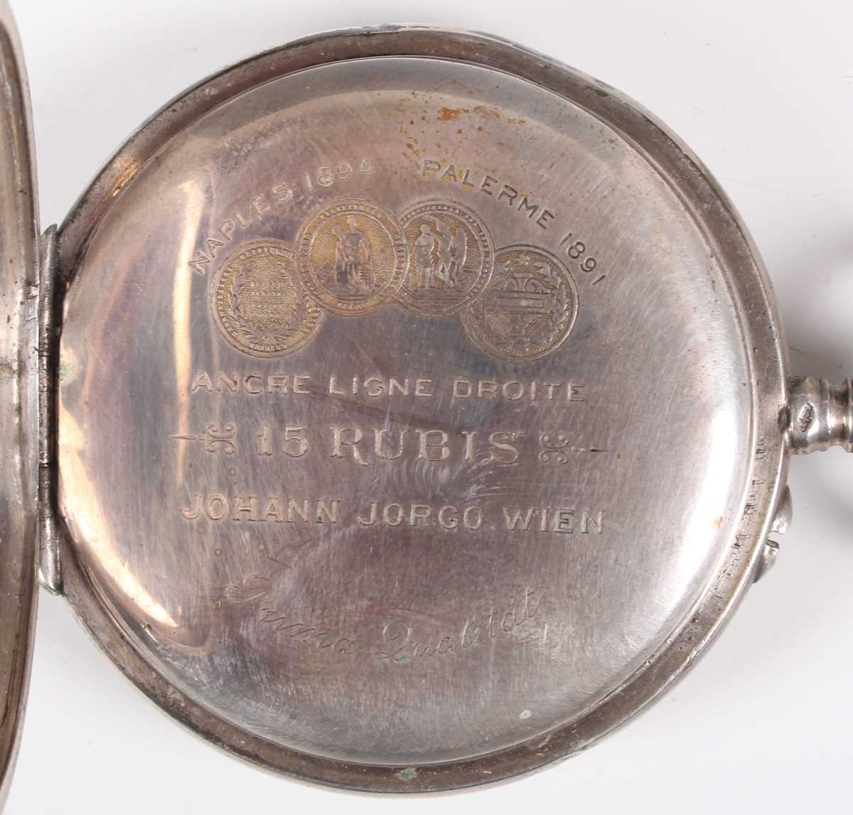 A silver cased keyless wind open faced gentleman's pocket watch, the dial detailed 'Johann Jorgo - Bild 4 aus 31