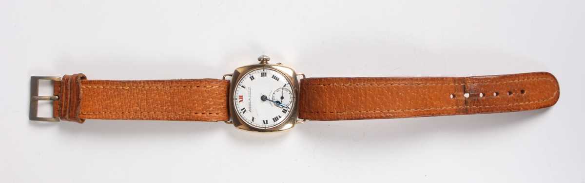 A 9ct gold square cushion cased gentleman's wristwatch with unsigned gilt movement, the enamelled - Image 6 of 6