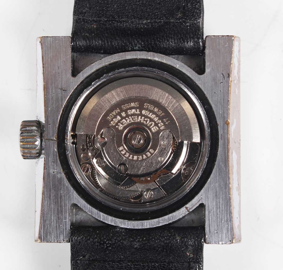 A Milus Automatic square cased wristwatch with signed and jewelled Bucherer movement, the black dial - Image 2 of 5