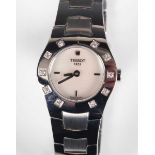 A Tissot steel and diamond set lady’s bracelet wristwatch, the signed mother-of-pearl dial with