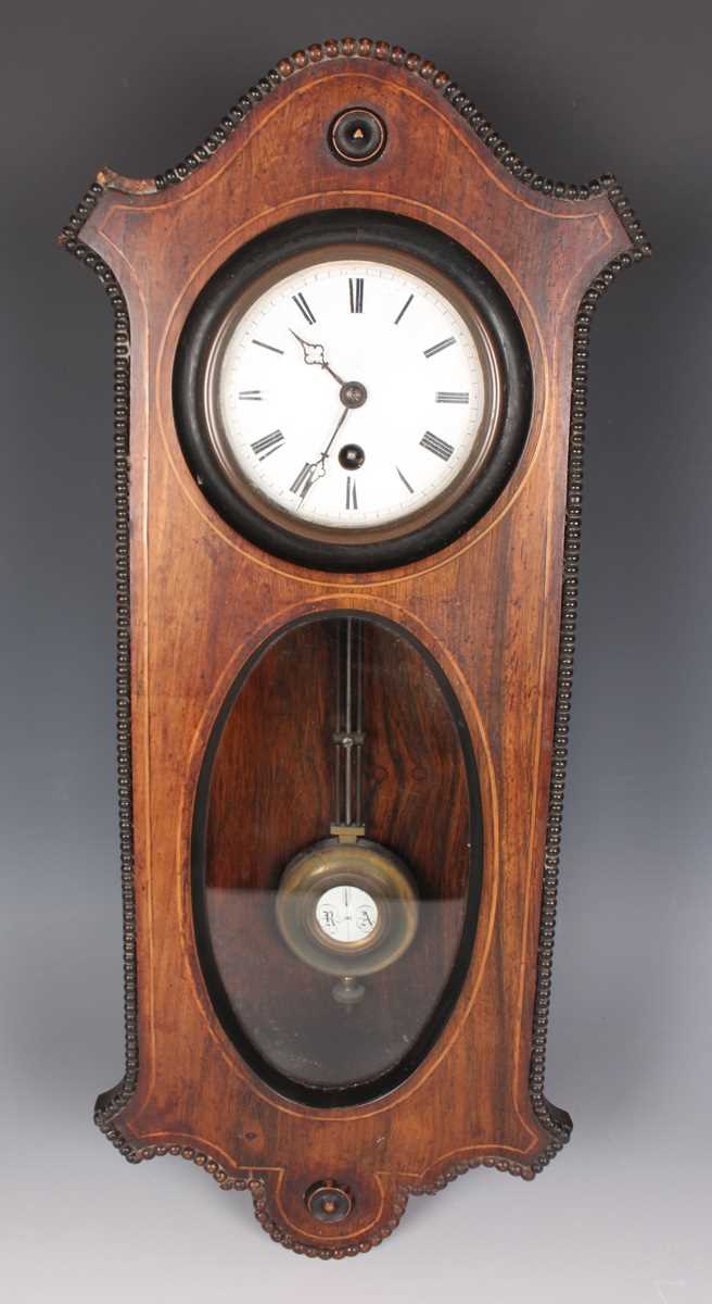 A late 19th century rosewood cased wall timepiece, the enamelled circular dial with black Roman hour - Bild 2 aus 14