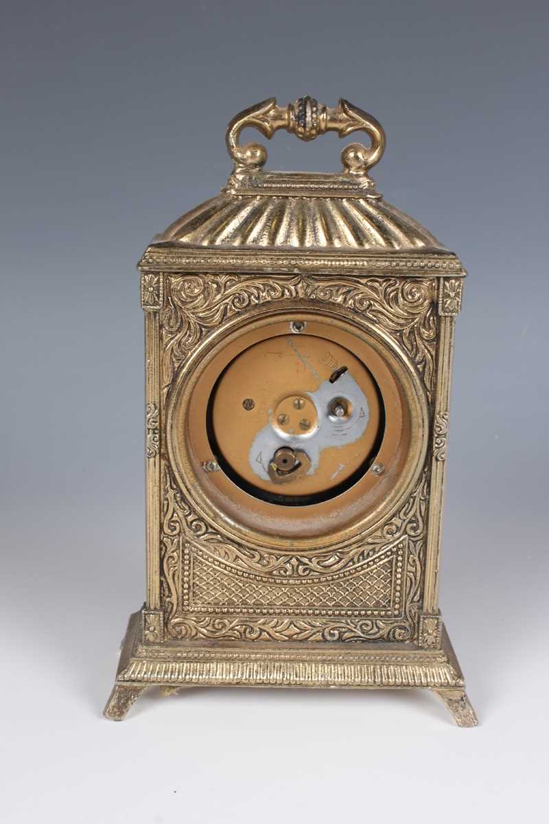 A Swiza gilt brass and red leather cased mantel alarm clock with eight day movement, the case with - Image 12 of 19