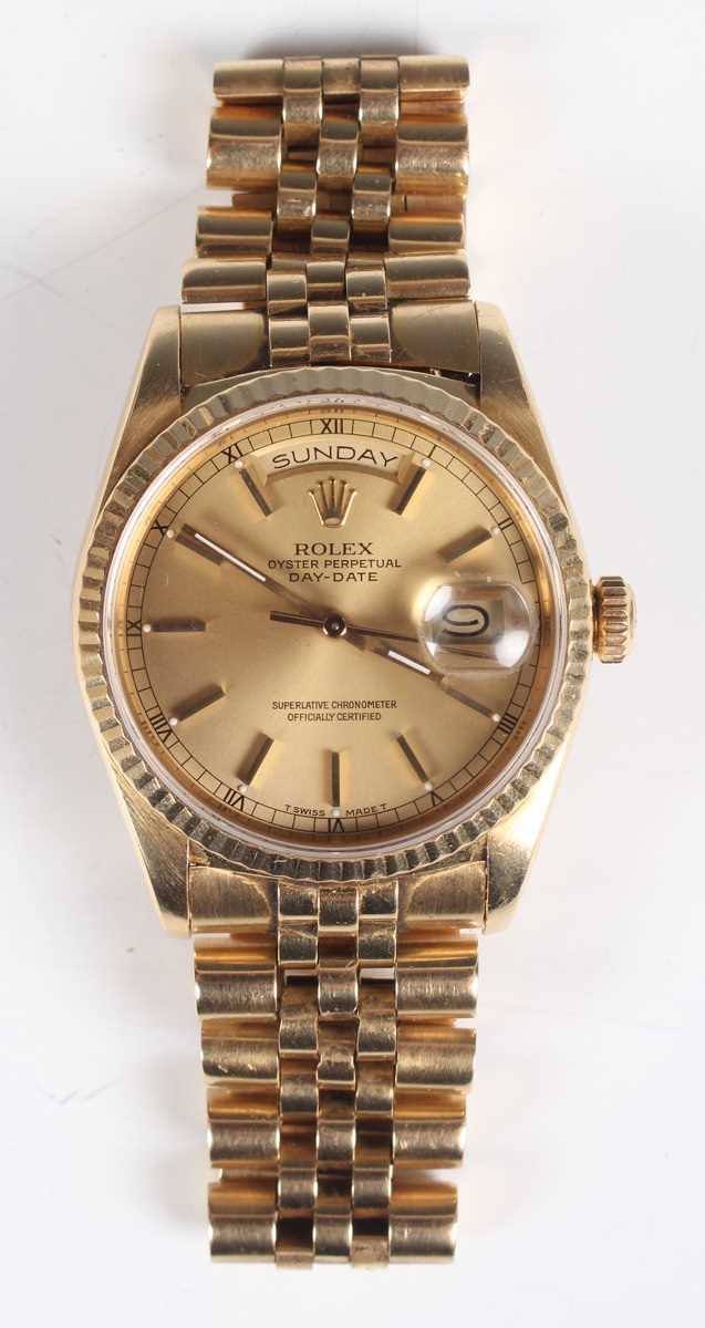 A Rolex Oyster Perpetual Day-Date 18ct gold gentleman's bracelet wristwatch, Ref. 18238, circa 1988, - Image 4 of 11