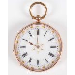 A 9ct gold cased keywind open faced lady's fob watch with unsigned gilt cylinder movement, base